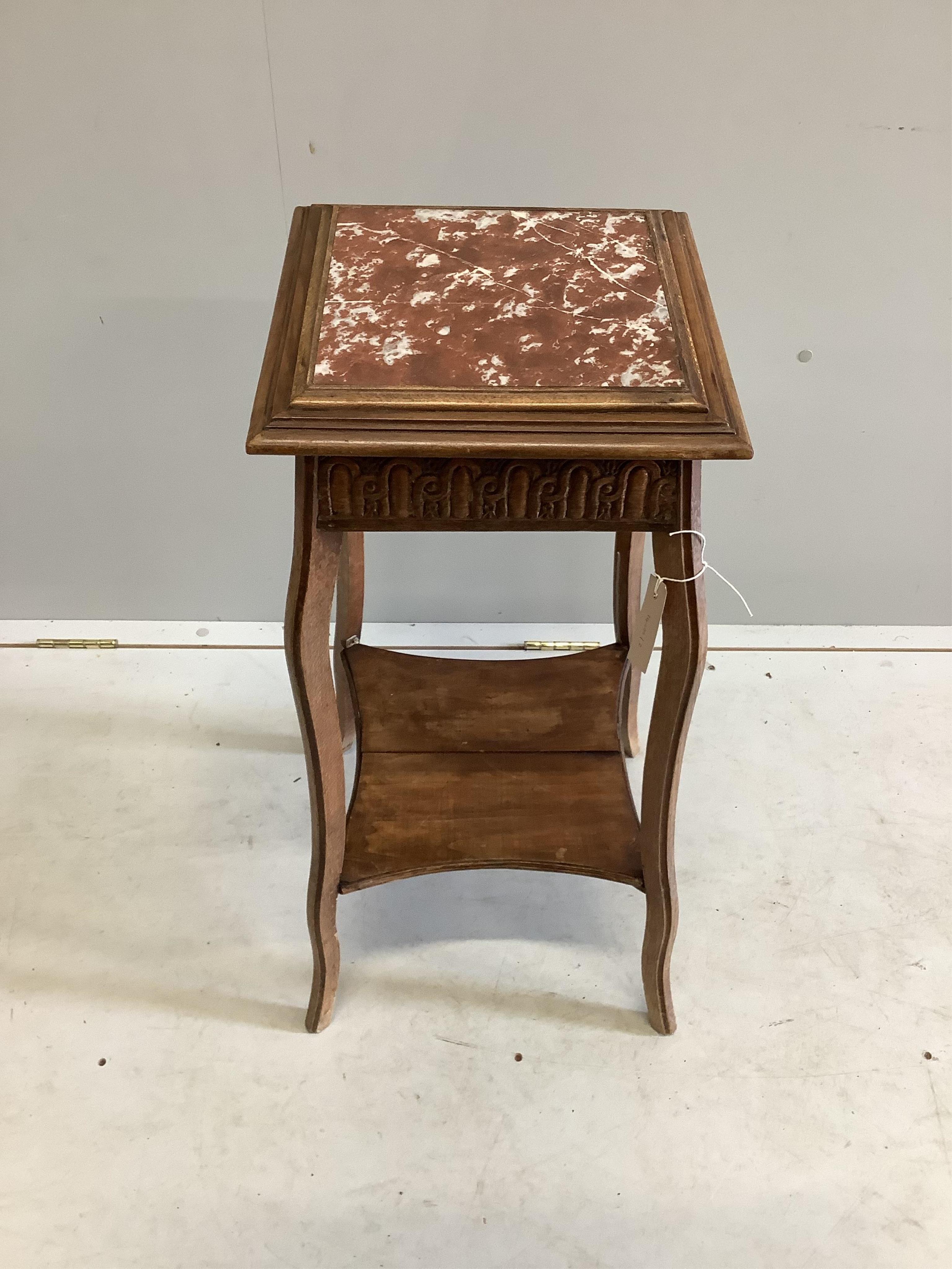 An early 20th century French marble topped beech two tier table, width 33cm, height 76cm